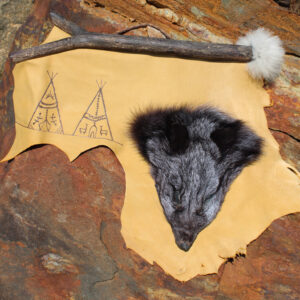 Wallhanging by Luc Desrosiers - Fox Head with Two Teepees